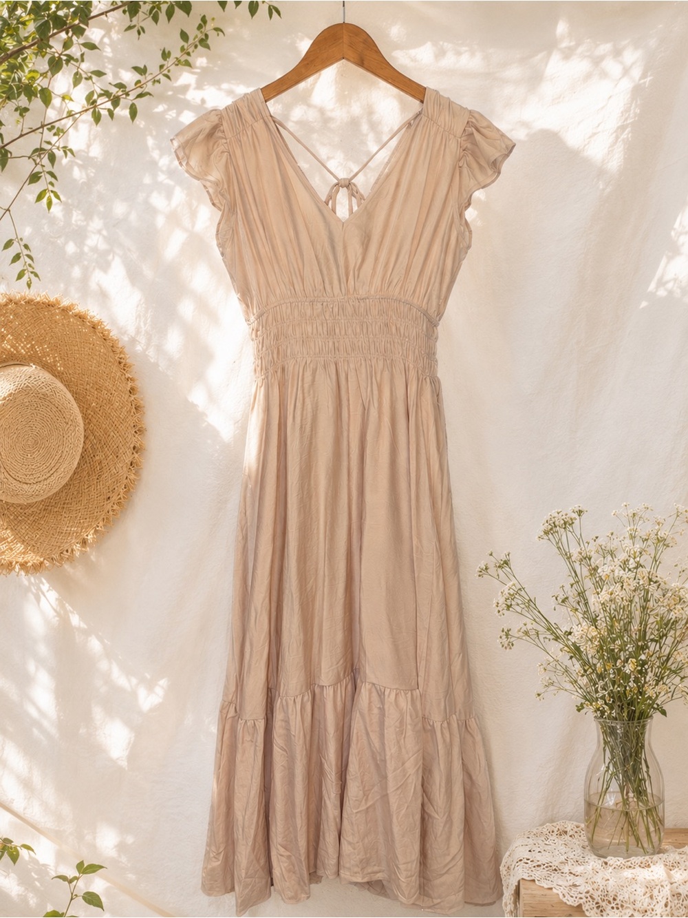NWT August Sky Smocked Midi Dress Size Medium Flutter Sleeve Tie Back